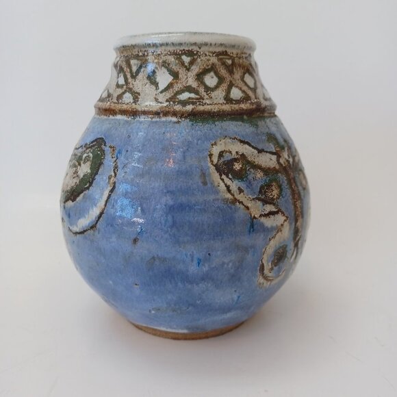 Our Gang Pottery Vase Blue Butterfly Hand Crafted Folk Art - Picture 6 of 10